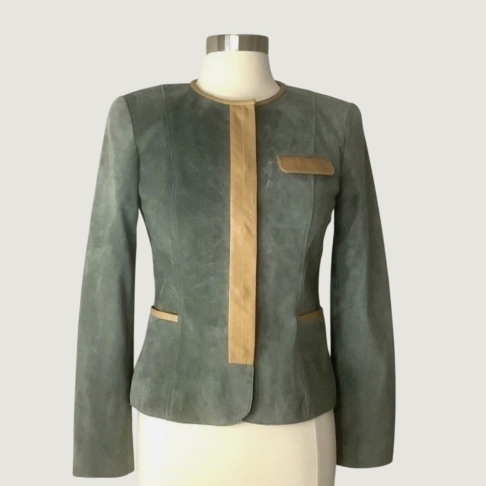 Doncaster Womens Suede Leather Jacket Tan Trim Tailored Blazer Coat